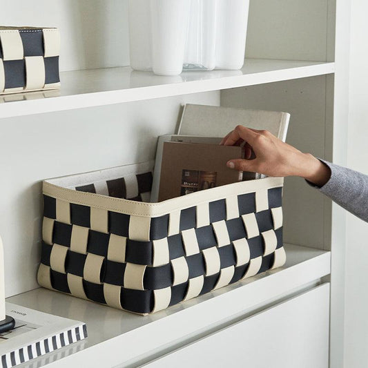 Momo - Checker Woven Leather Storage Basket-Furnishings- A Bit Sleepy | Homedecor Concept Store
