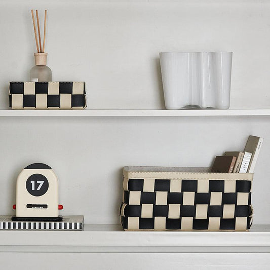 Momo - Checker Woven Leather Storage Basket-Furnishings- A Bit Sleepy | Homedecor Concept Store